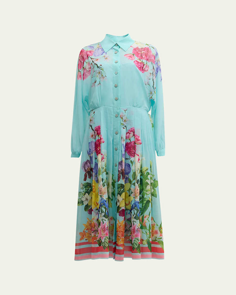 Pleated Floral-Print Midi Shirtdress